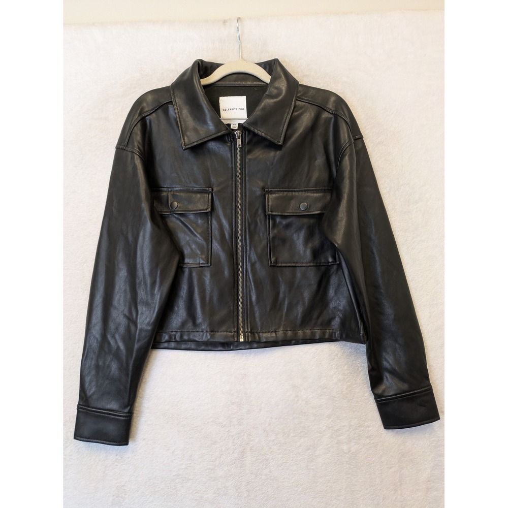 Celebrity Pink Jacket Women's XS Black Faux Leather Full Zip Utility Moto